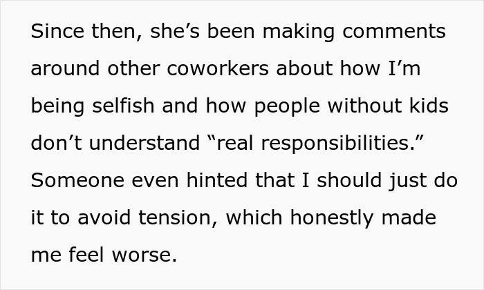 Text about woman acting entitled to a day off on Christmas due to having kids, causing workplace tension.