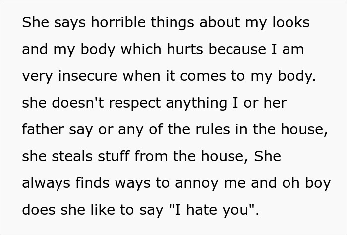 Text describing a teen expressing insecurity and hostility toward stepmom, highlighting family conflict and disrespect.