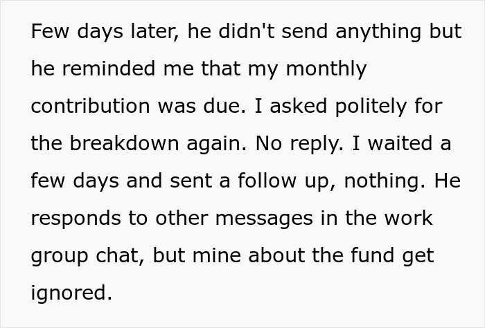 Text message showing a woman ignored by a shady fund manager refusing to provide receipt breakdowns for payments.