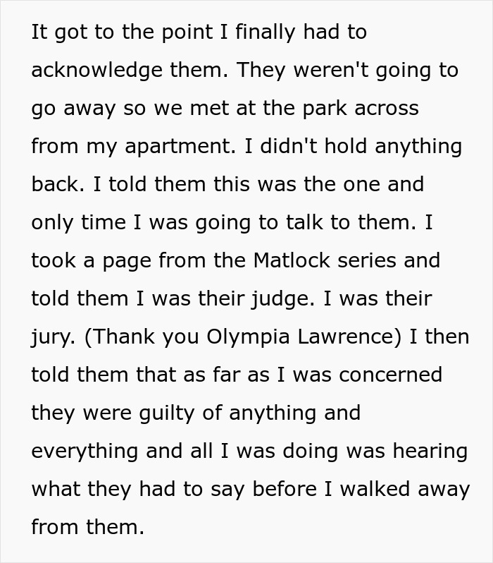 Text from a personal story about family stalking and guilt, describing a confrontation at a park near the narrator&rsquo;s apartment.