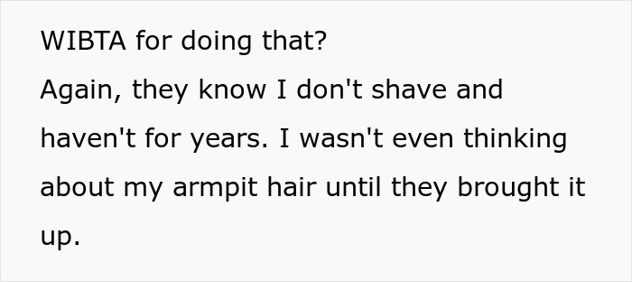 Text excerpt discussing a woman&rsquo;s hairy armpits seen as a personal insult by bride and groom at an event.