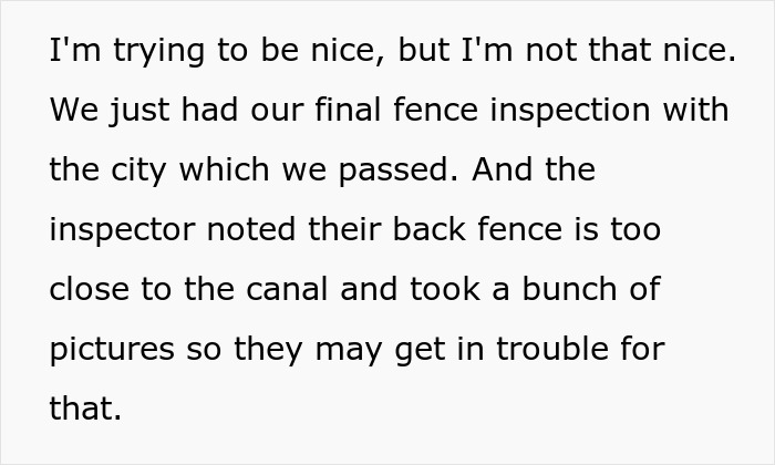 Text screenshot about fence inspection revealing back fence too close to canal, hinting at Karen Petty fence revenge.