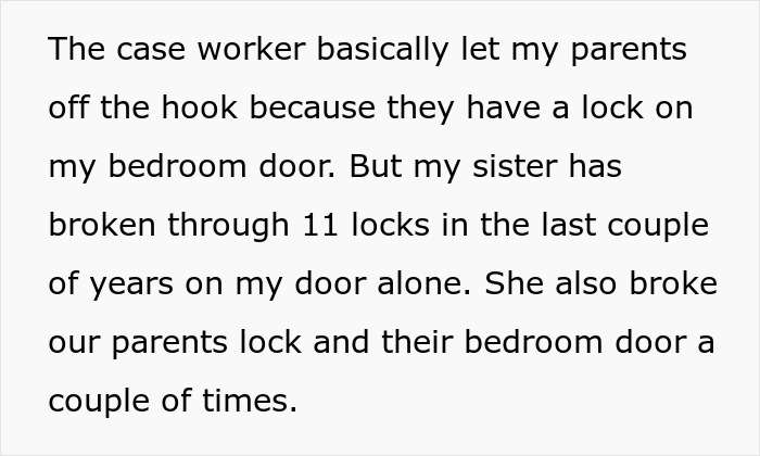 ALT text: Teen lives in fear of violent sister who breaks locks, while parents remain in disbelief about the family tension.