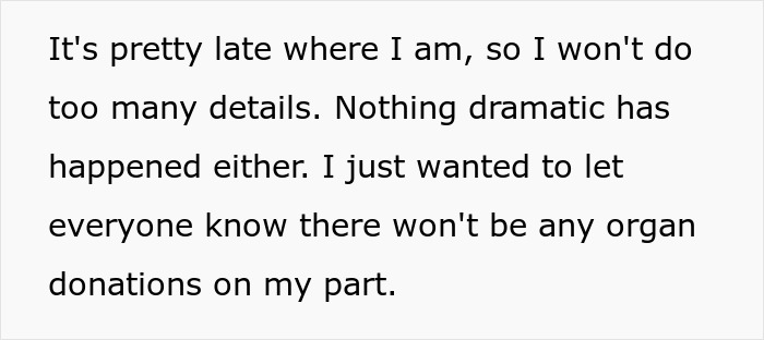 Text showing a woman’s statement about refusing organ donations after being conceived as spare parts for her brother. Text showing a woman’s statement about refusing organ donations after being conceived as spare parts for her brother.