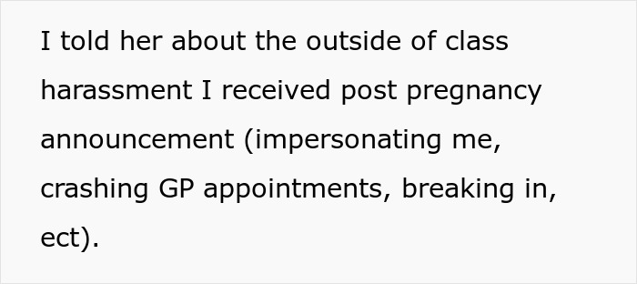 Text describing harassment received post pregnancy announcement, including impersonation and breaking in incidents.