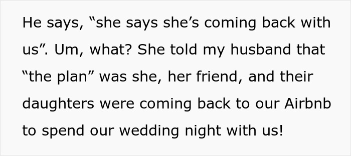 Text excerpt about an uninvited guest treating a wedding night like a sleepover, causing the bride and groom to kick her out.