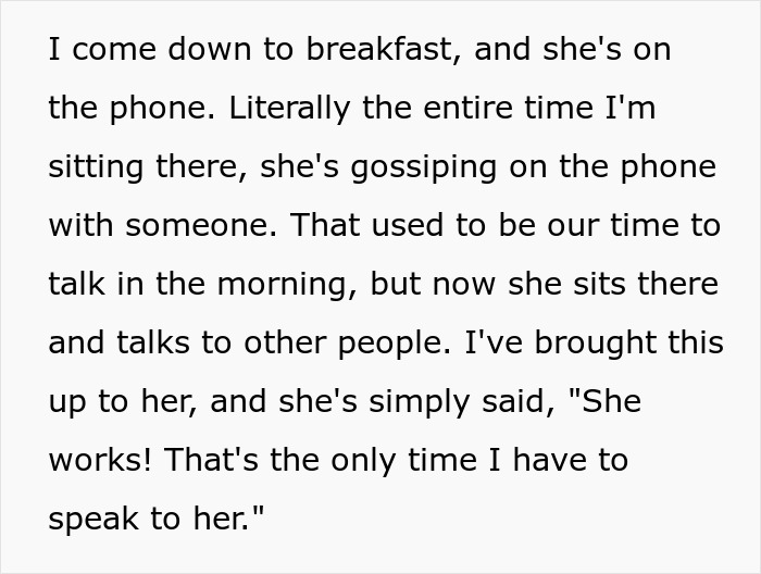Text describing a man sharing how his wife's phone dependence ruined their morning talks and affected their family life.