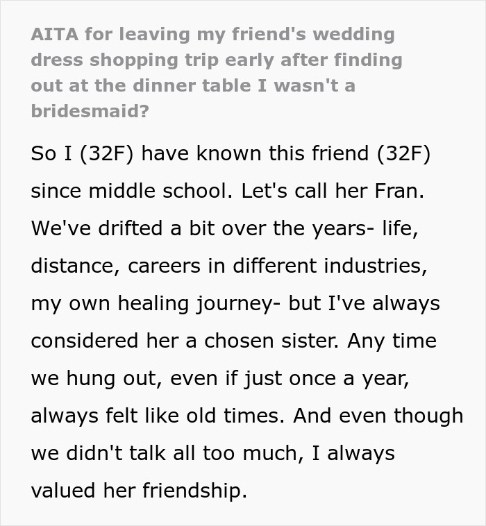 Text excerpt about a painful friendship wake-up call during a wedding dress shopping trip shared between longtime friends. Text excerpt about a painful friendship wake-up call during a wedding dress shopping trip shared between longtime friends.