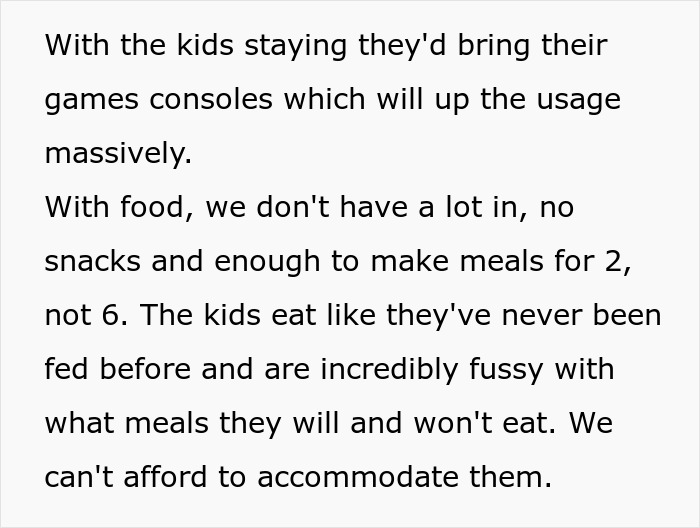 Text excerpt discussing challenges of babysitting 4 kids, including food and meal accommodations for multiple children.