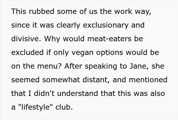 Text about employee pushback against vegan-only club, highlighting exclusion of meat-eaters and lifestyle club debate.
