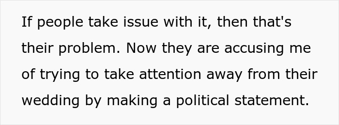 Text about a woman facing discomfort as bride and groom take her hairy armpits as a personal insult.