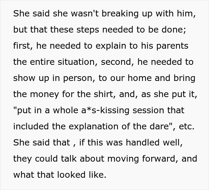 Man wearing an inappropriate shirt as a dare during dinner with girlfriend&rsquo;s parents while the dad reacts strongly.