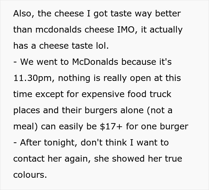 Person cuts contact with friend after she showed true colors at McDonald's drive thru dispute.