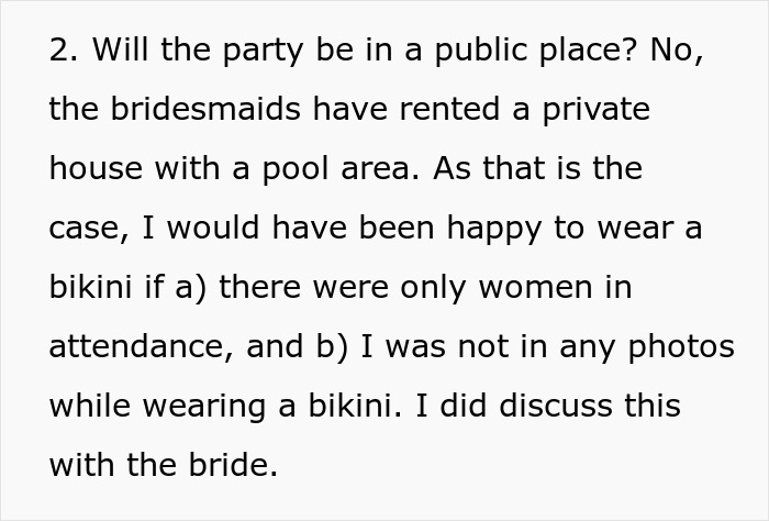 Text explaining reasons a Muslim daughter-in-law refuses to wear bikini at bridal party hosted in private pool area.