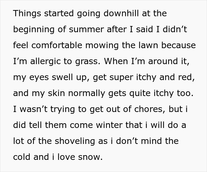 Text excerpt about allergic reaction to grass, describing itchy red eyes and skin symptoms in a casual tone.