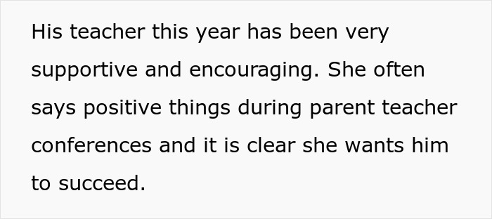 Screenshot of text describing a supportive teacher encouraging a student&rsquo;s success during parent teacher conferences.