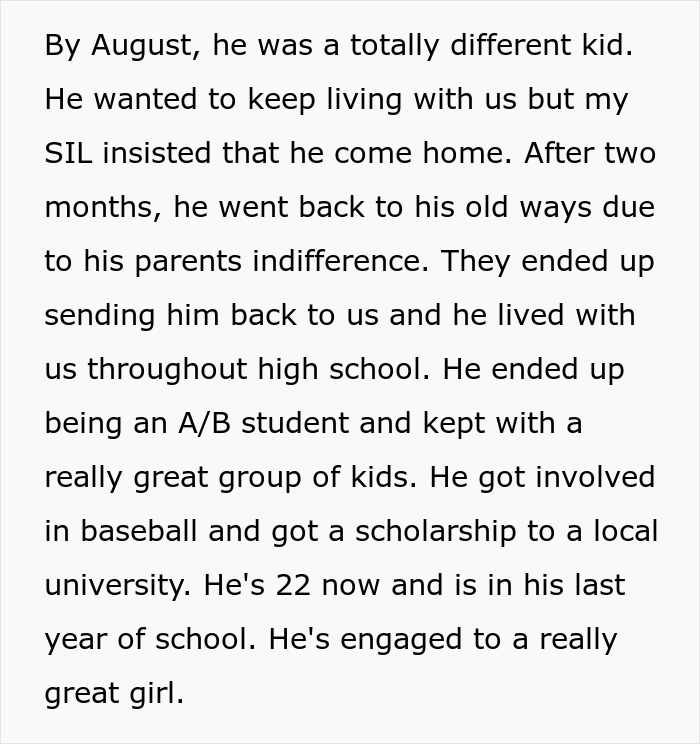 Text excerpt about a nephew living with his aunt, excelling in school and sports despite his bio mom's indifference.