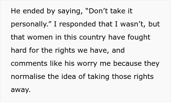 Text excerpt from a story where a coworker tells a woman she should stay home and birth babies causing conflict. Text excerpt from a story where a coworker tells a woman she should stay home and birth babies causing conflict.