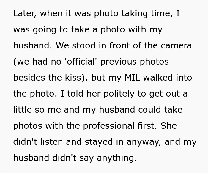 Text about MIL wearing a white dress at son's wedding and causing bride to exclude her from photos.