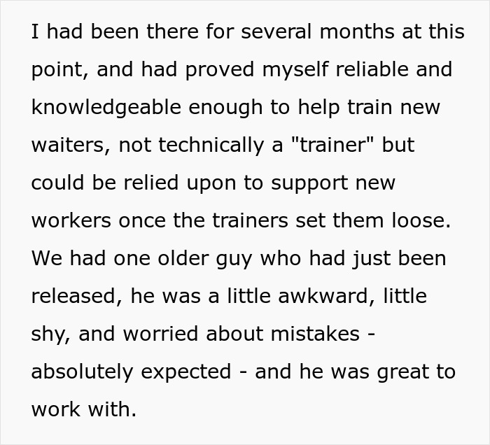 Text excerpt about a reliable waitress helping train new waiters and supporting staff at a restaurant. Text excerpt about a reliable waitress helping train new waiters and supporting staff at a restaurant.