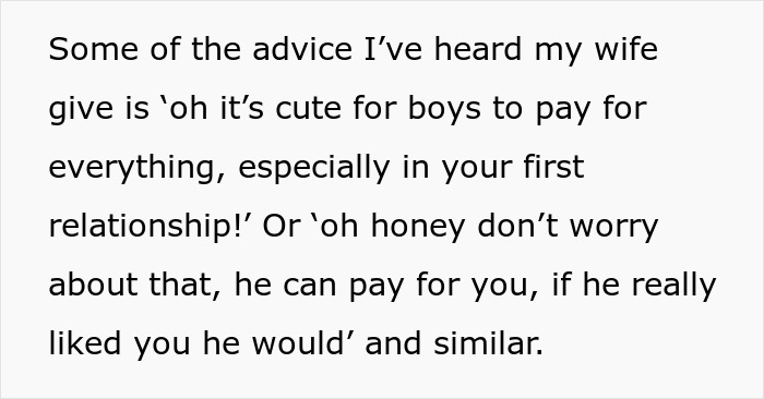 Text excerpt explaining a dad calling out wife after she teaches their daughter to treat her boyfriend like a personal ATM. Text excerpt explaining a dad calling out wife after she teaches their daughter to treat her boyfriend like a personal ATM.