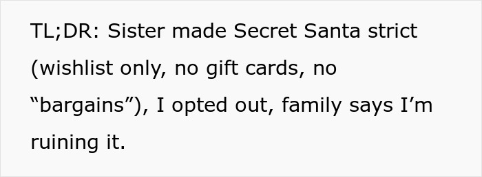 Alt text: Woman drops out of family Secret Santa after sister turns it into a luxe shopping list conflict. Alt text: Woman drops out of family Secret Santa after sister turns it into a luxe shopping list conflict.