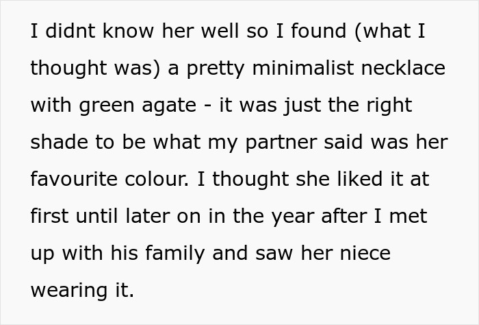 Text about woman upset after son’s partner came without gift, feeling disappointed about tacky little trinkets request. Text about woman upset after son’s partner came without gift, feeling disappointed about tacky little trinkets request.