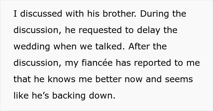 Text excerpt about man discussing wedding delay with brother amid fianc&eacute;e&rsquo;s family hiring PI to find dirt before marriage.