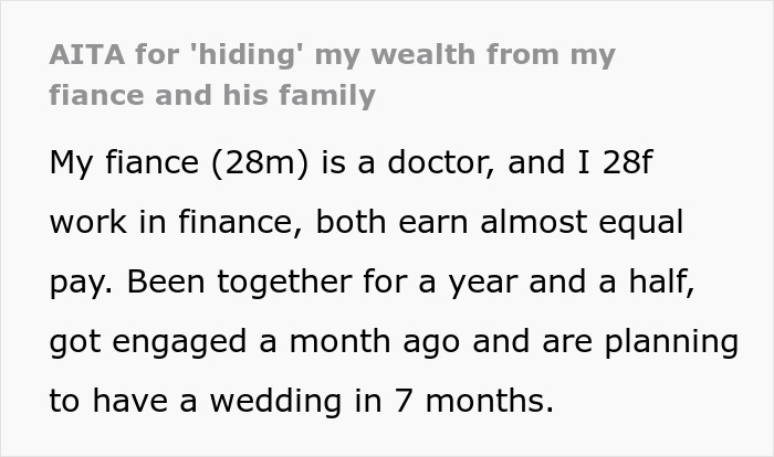 Text excerpt about a woman and her doctor fiance's engagement, highlighting hidden wealth and family prenup demands.