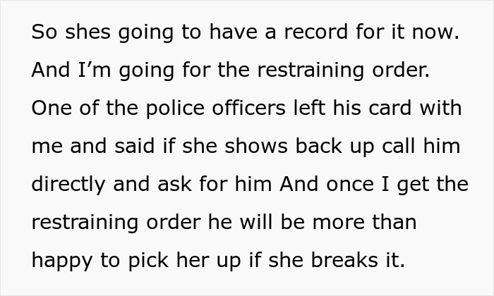Text about going for a restraining order and police involvement after years of marriage with mother-in-law issues.