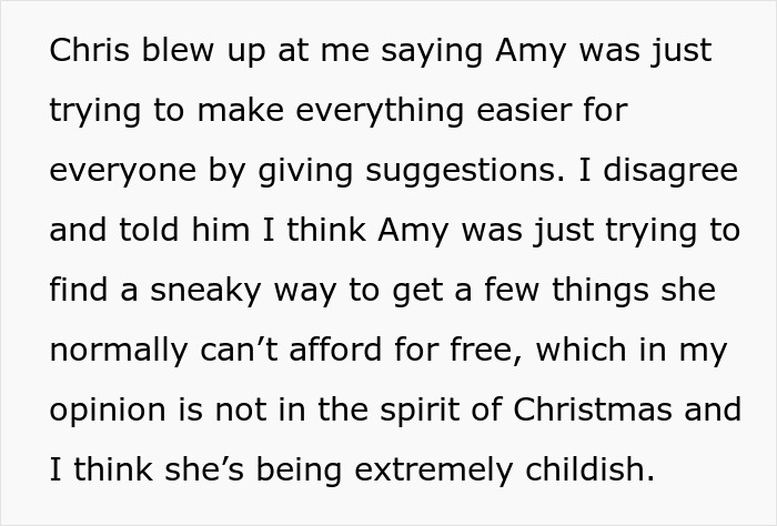 Text excerpt discussing a disagreement about Amy&rsquo;s intentions on the sil Christmas gift list.