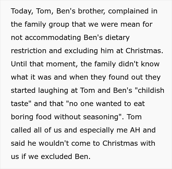 Text excerpt about picky eater causing family conflict over Christmas menu changes and getting a reality check from relatives.