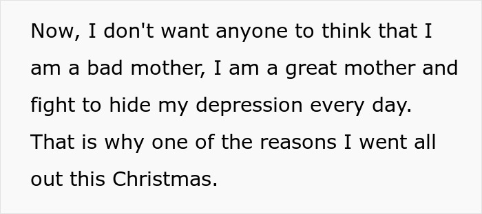Text excerpt about a mom hiding her depression and struggling emotionally during Christmas with her kids.