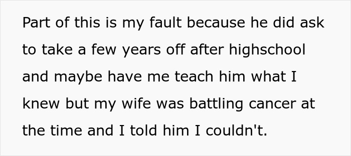 Text explaining a man upset about not receiving craft skills from his dad while half-brothers start a business with those skills. Text explaining a man upset about not receiving craft skills from his dad while half-brothers start a business with those skills.