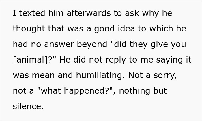 Screenshot of a message describing being given a racist gift and partner's silence over the incident.