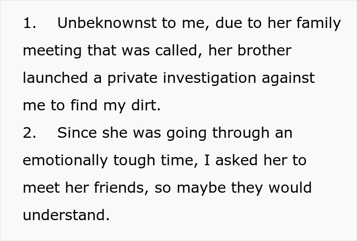 Text excerpt showing a man&rsquo;s statement about fianc&eacute;e&rsquo;s family hiring a private investigator to find his dirt.