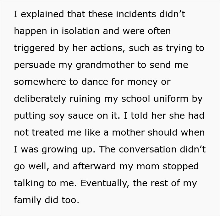 Text excerpt about lady refusing to help cruel parents who abandoned her and being called disrespectful.