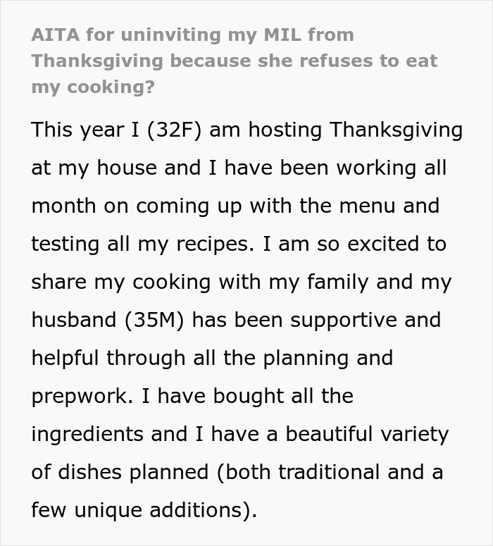 Text post about a picky-eater MIL demanding to bring her own food to Thanksgiving dinner, causing family tension. Text post about a picky-eater MIL demanding to bring her own food to Thanksgiving dinner, causing family tension.