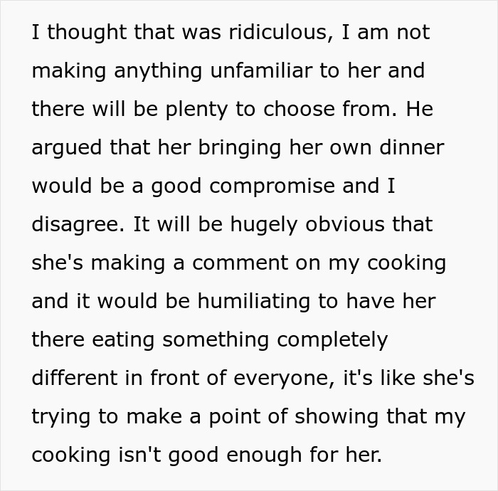 Text discussing a picky-eater MIL demanding to bring her own food to Thanksgiving, causing insult to DIL. Text discussing a picky-eater MIL demanding to bring her own food to Thanksgiving, causing insult to DIL.