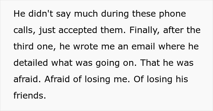 Text excerpt showing a woman describing how her boyfriend was afraid of losing her during phone calls and an email.
