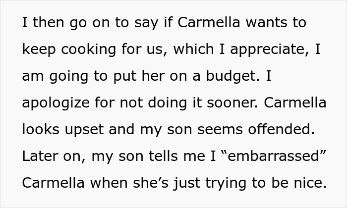 Text excerpt showing a mom accusing her son of embarrassing his girlfriend who offered to cook meals for them.
