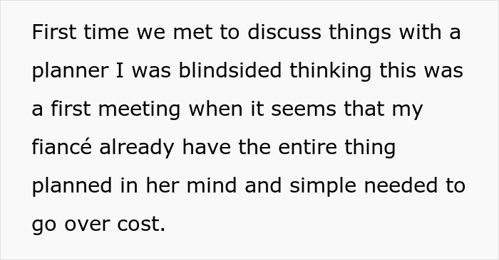 Man upset during wedding planning meeting after fiancée demands $35k payment, causing debt and value clashes. Man upset during wedding planning meeting after fiancée demands $35k payment, causing debt and value clashes.