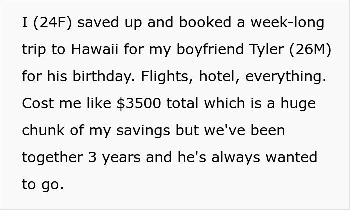 Text describing a woman&rsquo;s fully paid Hawaii trip booked for her boyfriend, highlighting spending to prove herself.