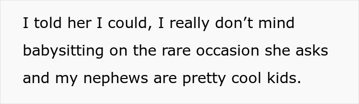 Text snippet showing a person discussing babysit sister's kids and their positive experience with hockey-loving nephews.