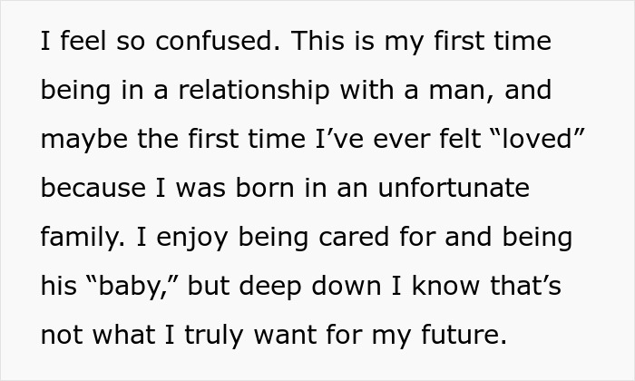 Text of a confused woman sharing her feelings about her first relationship with a man and the mixed emotions involved.