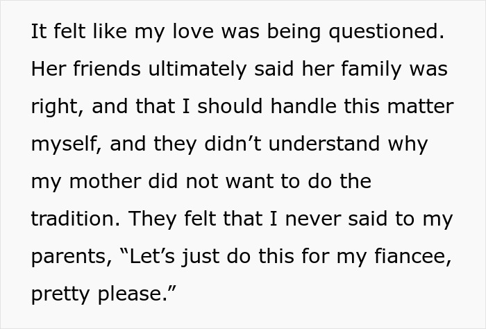 Text excerpt from a man considering canceling his wedding after fianc&eacute;e&rsquo;s family hires a PI to find dirt on him.