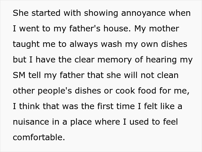 Text about teen feeling stepmother's true colors after being seen as a nuisance at father's house, showing insecurity.