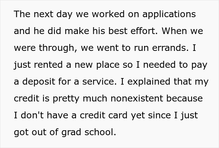 Text excerpt showing a woman describing her boyfriend&rsquo;s effort and credit situation after renting a new place.