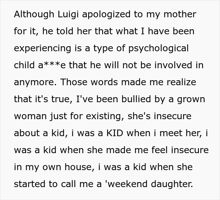 Text excerpt describing a teen's realization of being bullied by an insecure stepmother over a kid-related issue.