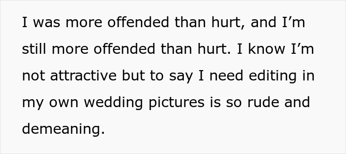 Text message revealing a woman offended by fianc&eacute;&rsquo;s secret texts complaining about her appearance and wedding photos.